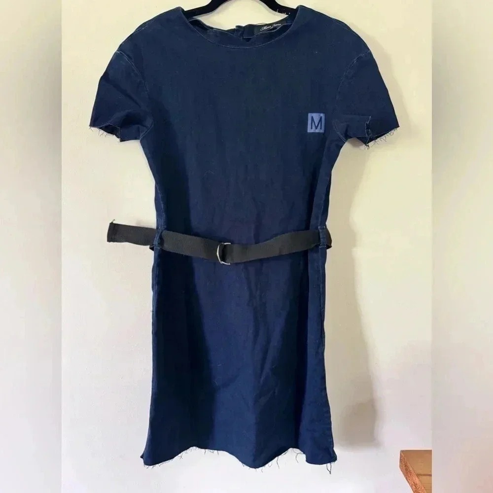 Mavi Jeans Dark Wash Denim Shirt Dress with Belt Raw Hem Casual Womens Size M